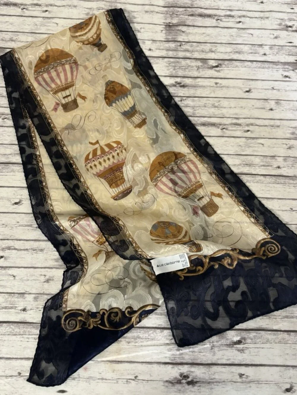 Liz Claiborne Scarf Gold Blue Hot Air Balloon Design Long Skinny Rectangle Neck